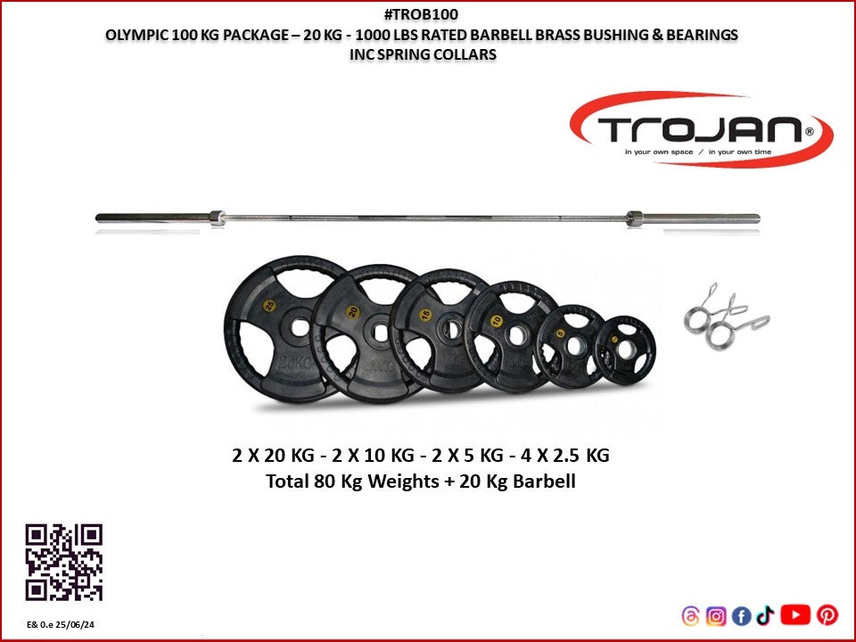 Olympic 100 Kg 7' 20 Kg Barbell Pack + Pair Spring Collars
